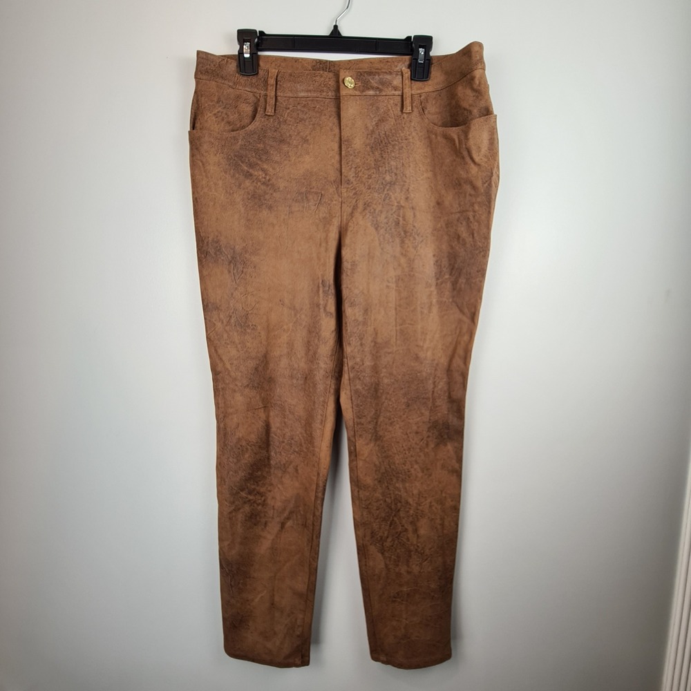 Chicos Brown Faux Suede Slim Leg Pants Distressed Finish Size 2R US 12R Stretch‎